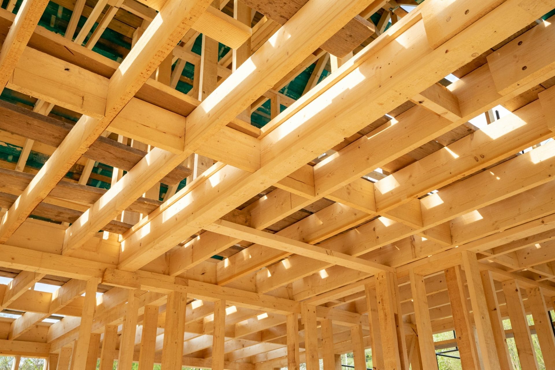 New interior residential wooden construction house framing