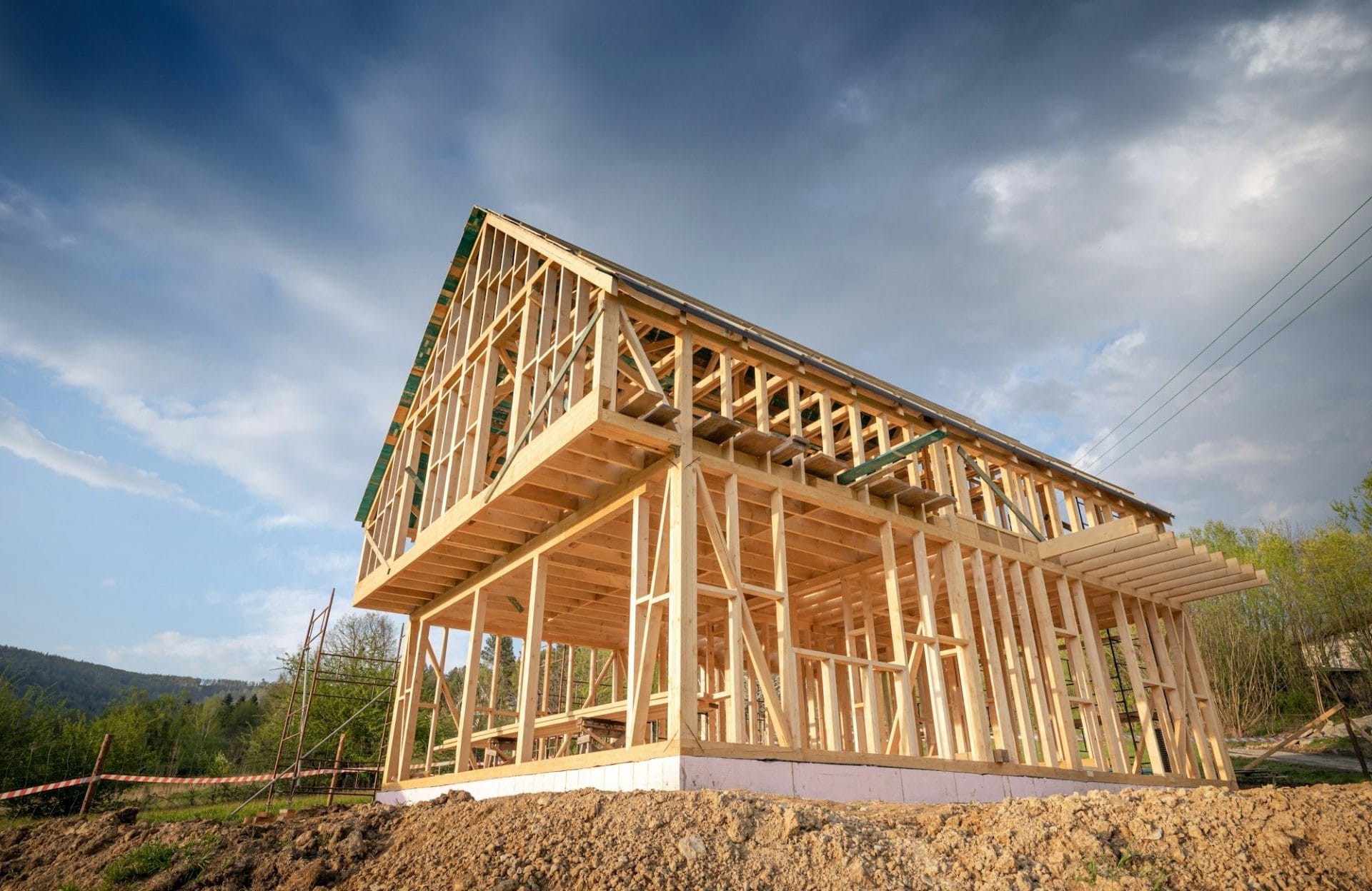 Residential home construction, frame wooden house outdoor